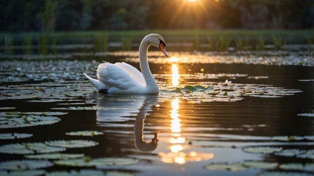 Elegant swan gliding across a serene lake at sunset, surrounded by lily pads and reflecting light photo