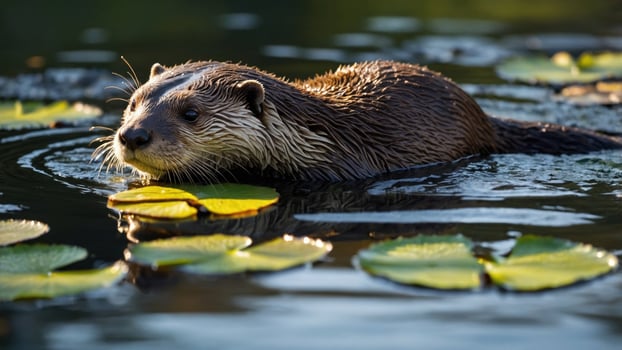 Playful otter swimming among lily pads in a serene pond, with sunlight glistening on the water photo