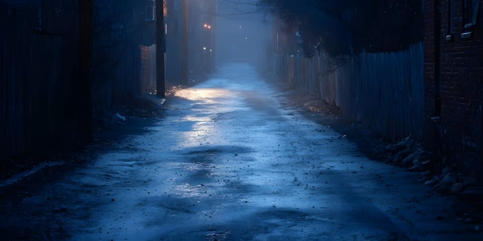 Dark alley at night with fog and dim lights photo