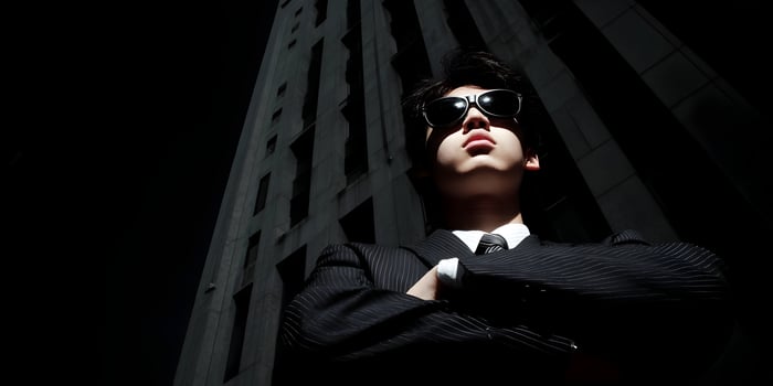 Young man in pinstripe suit standing in front of tall building wearing sunglasses photo