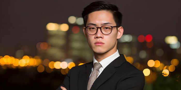 Young businessman standing at night with city lights in background photo