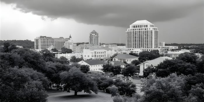Black and white photo of a city skyline under a stormy sky