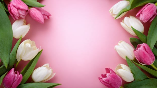 The vibrant arrangement of pink and white tulips on a soft pink background. photo