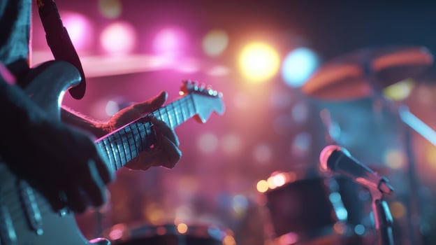 The electric guitar illuminated by vibrant stage lights during a dynamic performance photo