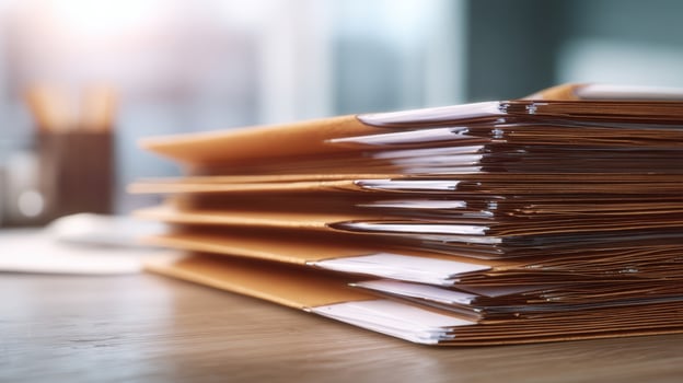 The organized stack of brown folders on a professional workspace desk. photo