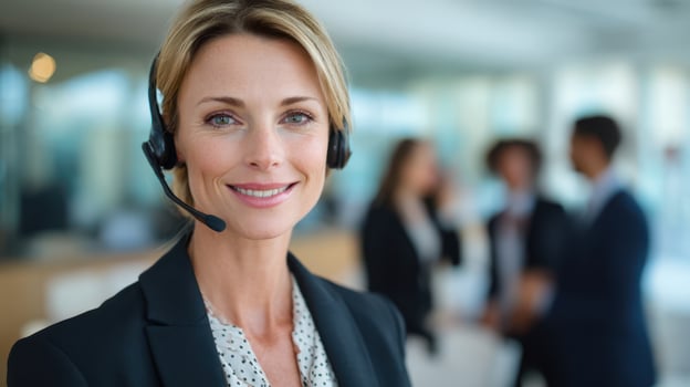 The confident woman in headset providing excellent customer service in an office environment. photo