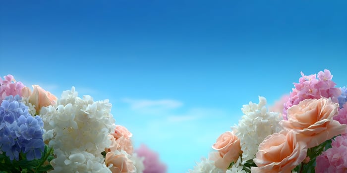 Roses and hydrangeas against a blue sky background photo