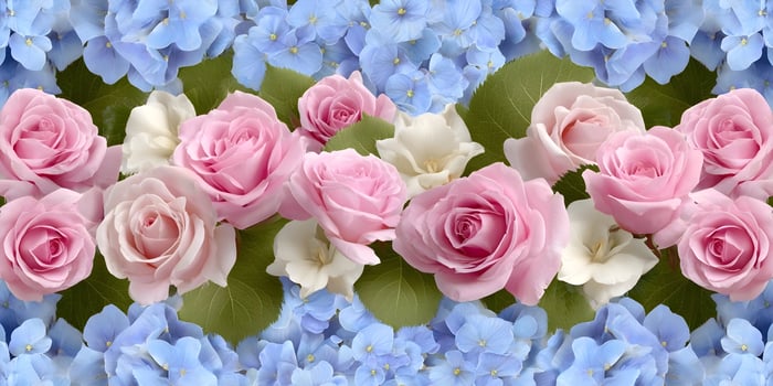 Pink roses and blue hydrangeas flower arrangement photo