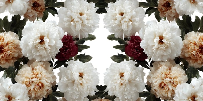 Close up view of many white peach and burgundy peonies photo