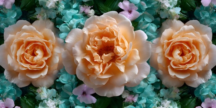 Three peach roses surrounded by teal and pink flowers photo