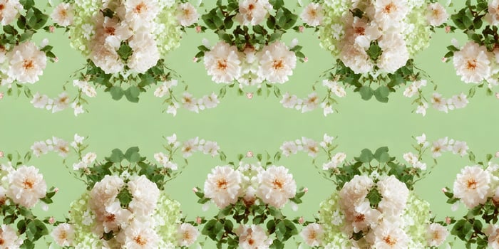 Pastel pink and white roses and hydrangeas on a light green background photo