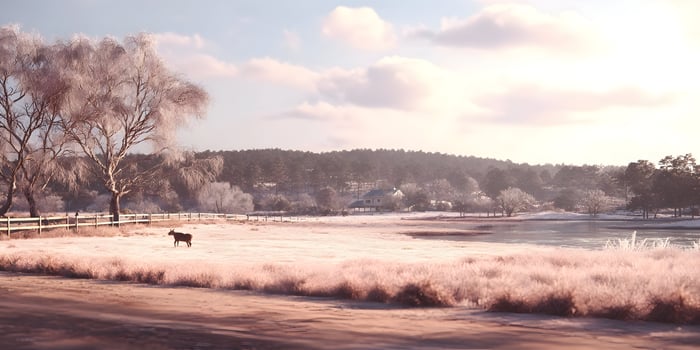 Deer standing in snowy field near winter house photo