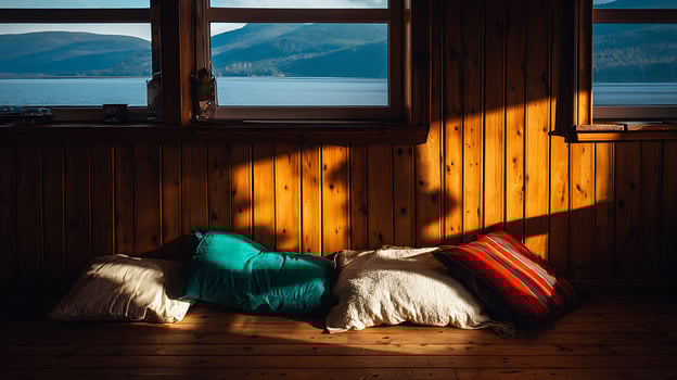 Cozy couch by the window with lake and mountain view. photo