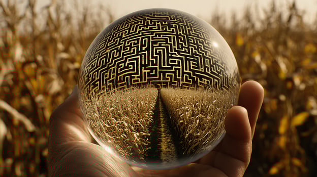 Maze Crystal Ball Reflects Cornfield Path to Decision or Future. photo