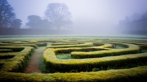 Foggy Morning Maze in an Enchanted Garden Landscape. photo