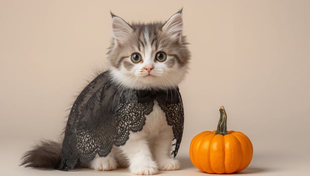 Kitten in black cape with pumpkin photo