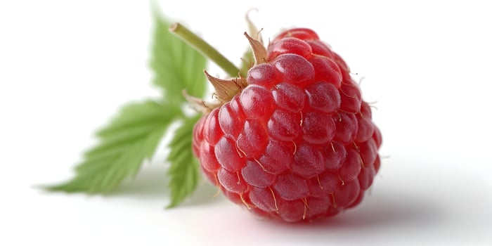 Single red raspberry with green leaf on white background photo