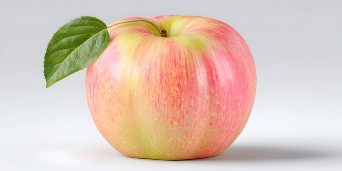 Red and yellow apple with green leaf on white background photo