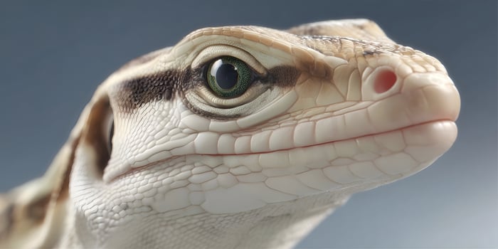 Close up of a lizards head with green eyes photo
