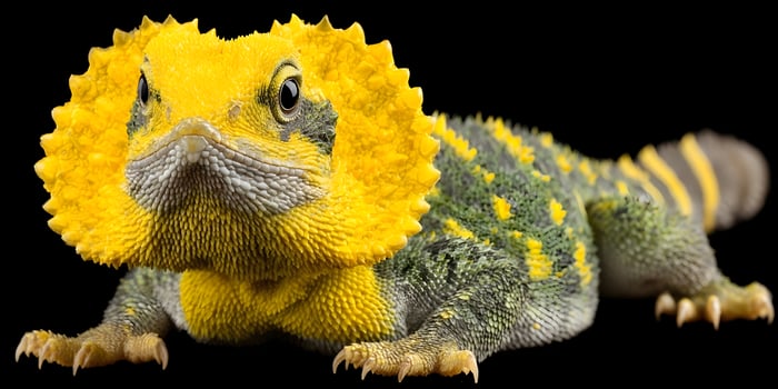 Close up of a yellow and green lizard on black background photo