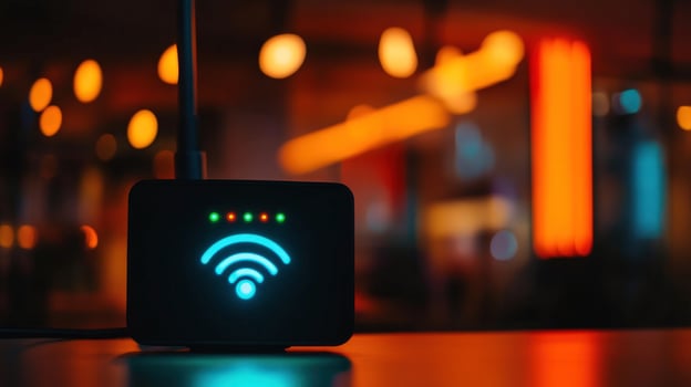 Wireless Router Glowing in a Bokeh Night Setting photo