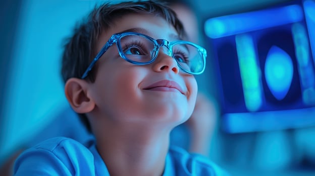 Curious Child Gazing at Medical Scan, Hopeful Future of Healthcare photo