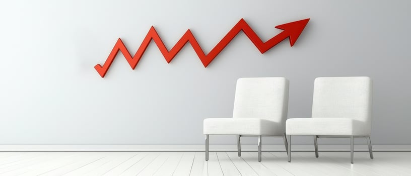 Modern conference room with red financial graphs and chairs photo