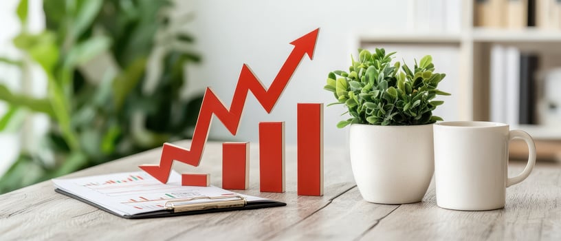 Growing financial charts with red arrows and green plant photo