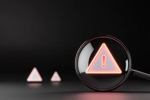 Notification error and risk concept, Caution symbol magnified with glass lens, highlighting danger photo