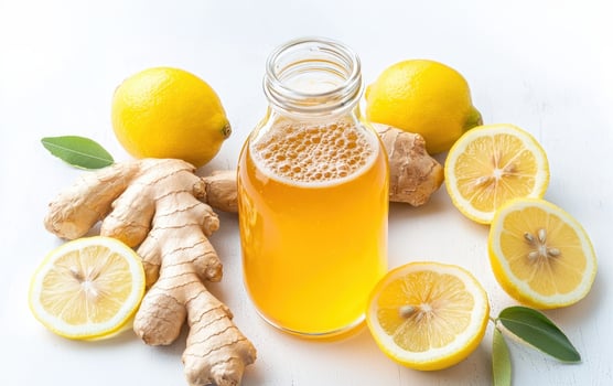 Bottle of golden kombucha surrounded by fresh ginger root and sliced lemon with leaves photo