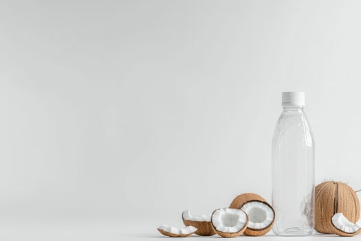 Clear plastic bottle with fresh coconut halves and pieces on white background photo
