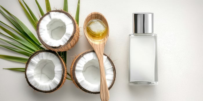 Coconut halves with wooden spoon filled with oil and cosmetic bottle on white surface photo