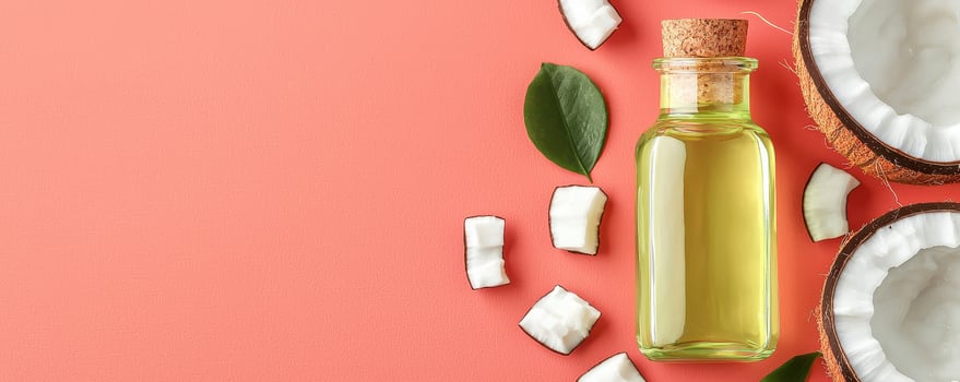 Luxury glass bottle of coconut oil with fresh coconut pieces and green leaves on coral background photo