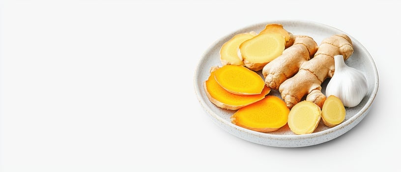 Fresh turmeric root and ginger slices with garlic on white plate, healthy natural ingredients photo