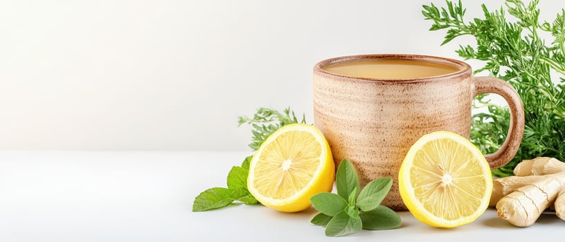 Warm ginger and lemon tea in rustic ceramic mug with fresh herbs and ginger root photo