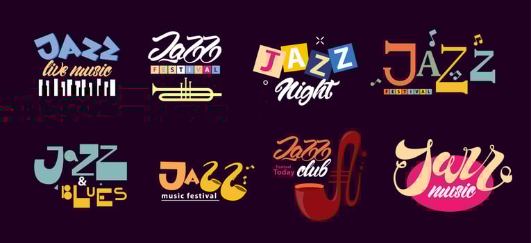 Set of Jazz logos or emblems with music instruments vector