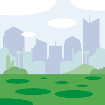 City buildings and towers silhouette with shrubs design vector