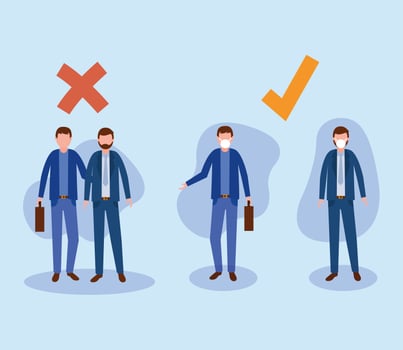 Office distancing between men with masks and suitcases design vector