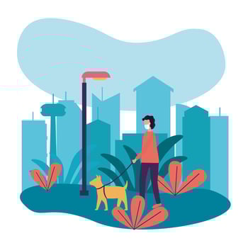 man with mask and dog at park design vector
