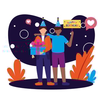 men with happy birthday hats and gift design vector