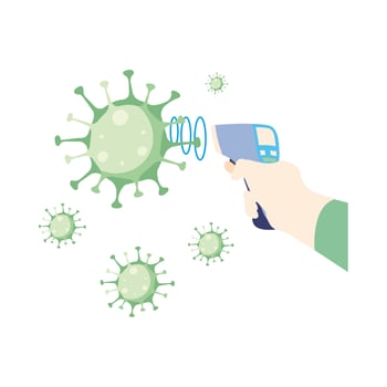 Hand holding thermometer gun checking virus design vector