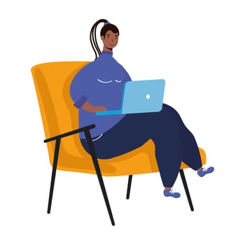 African woman with Rasta hairstyle working in laptop seated in sofa character illustration design vector