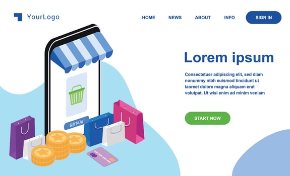 shopping e-commerce isometric landing page vector