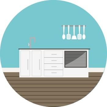 Kitchen with oven, illustration, vector on a white background.