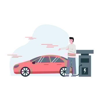 Flat vector illustration of someone charging an electric car that is environmentally friendly