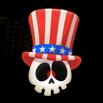 Human skull wearing Uncle Sam hat on white background. Cartoon illustration mascot for American Independence Day. 4th of july vector