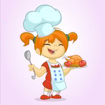 Smiling girl chef with a roasted chicken vector