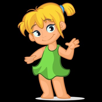 Cartoon girl in green dress waving vector