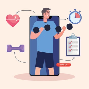 male athlete lifting dumbbells in smartphone with fitness lifestyle icons vector
