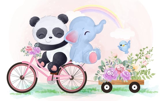 Adorable baby panda and elephant are playing together vector